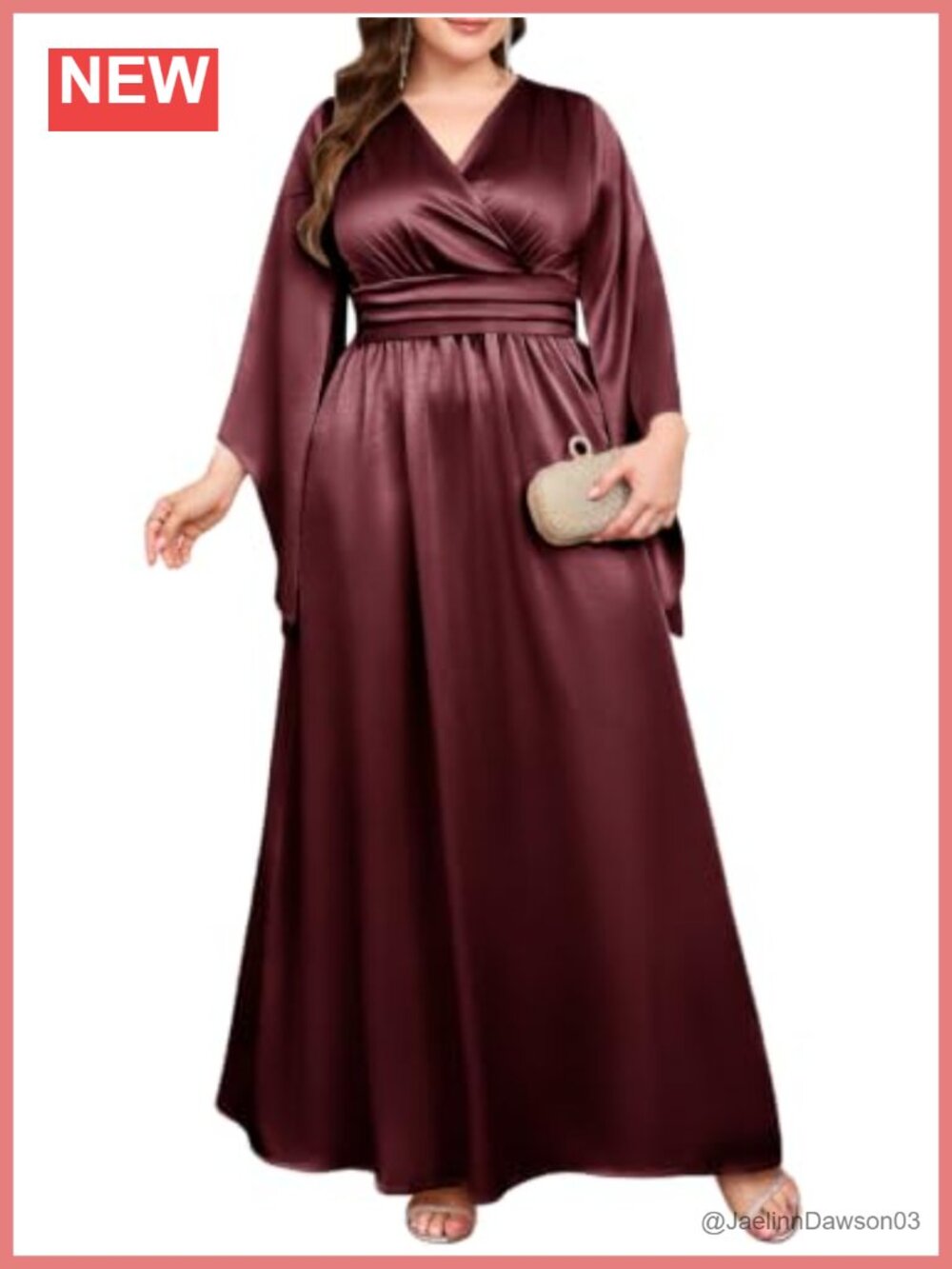 Plus Size Satin Formal Dress Long Sleeve V Neck Wrap A Line Maxi Wedding Guest